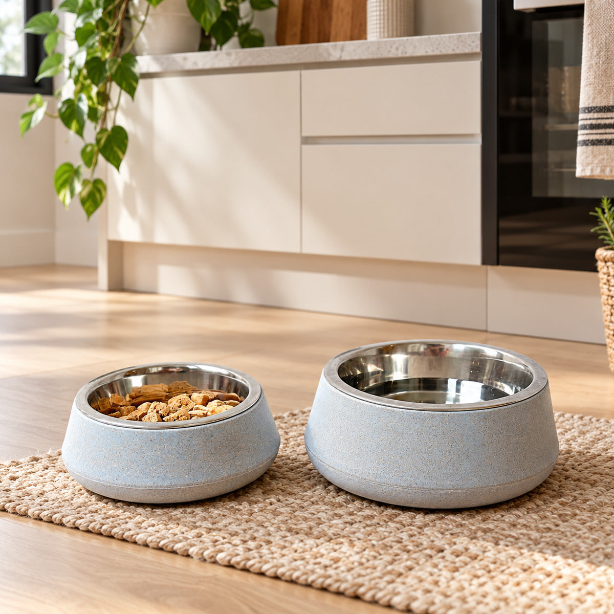 Bamboo & Stainless Steel Dog Bowl - Slate Blue