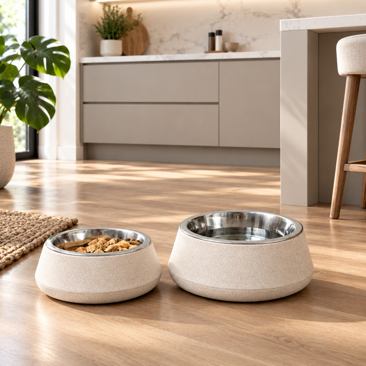 Bamboo & Stainless Steel Dog Bowl - Stone