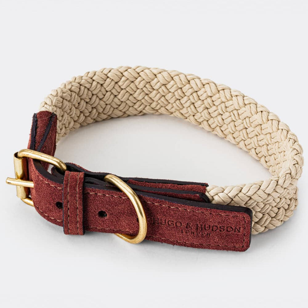 Hugo & Hudson Woven Rope & Brown Suede Leather Dog Collar