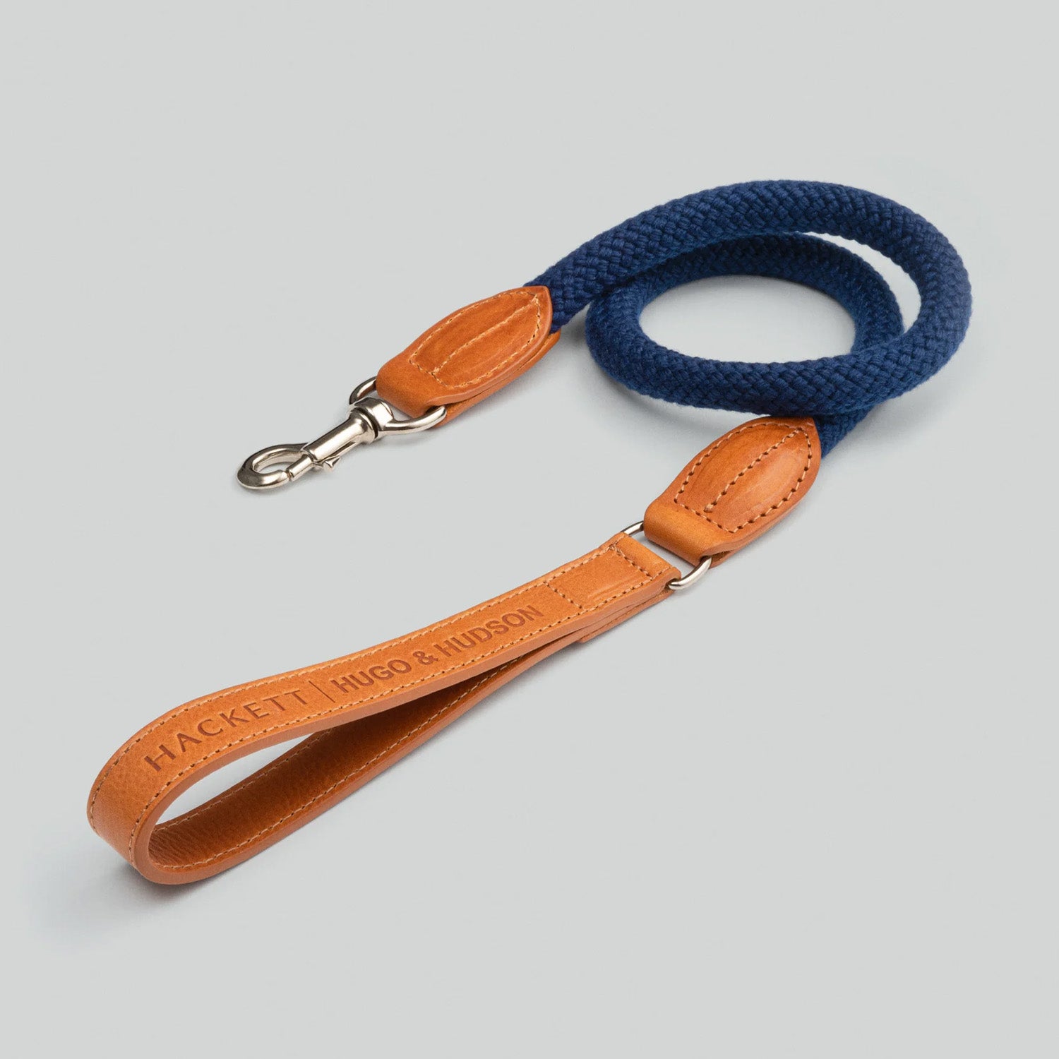 Hugo & Hudson X Hackett Navy Round Rope & Cognac Leather Dog Lead