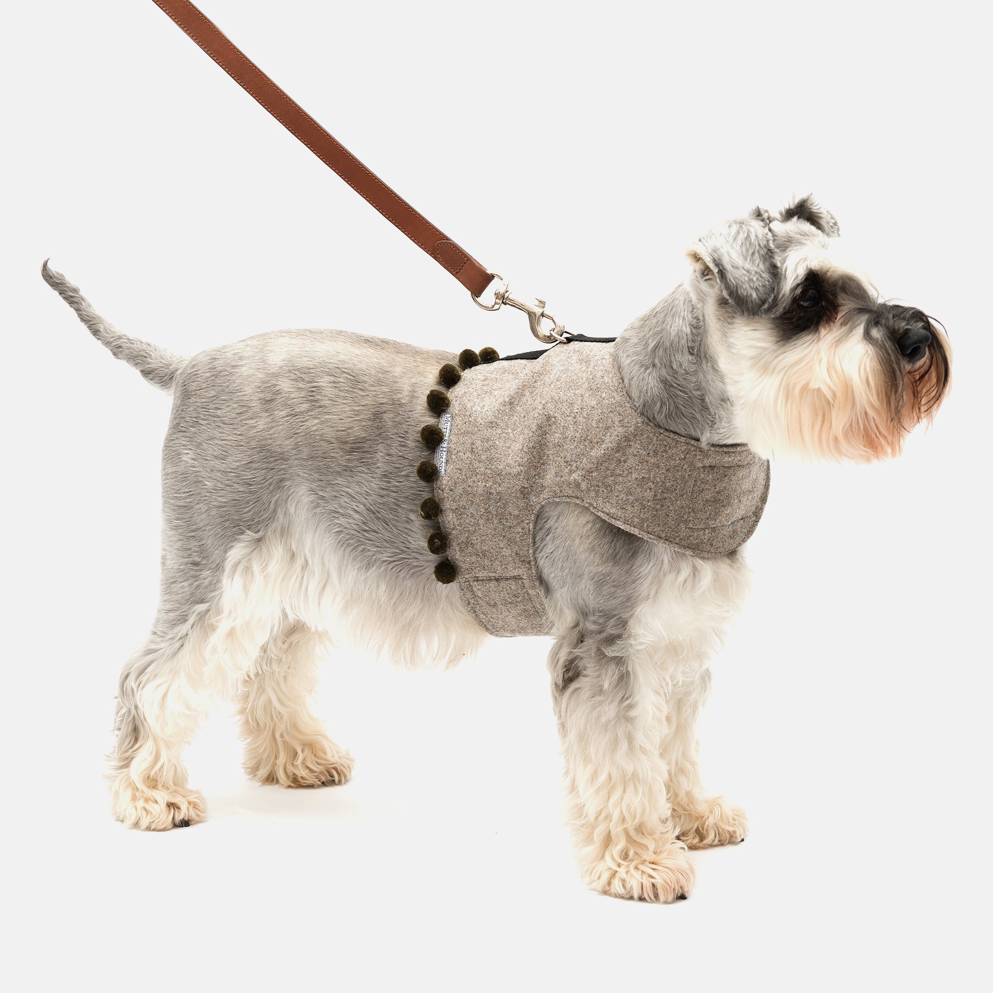 Grey Tweed Soft Dog Harness with Olive Pom Poms