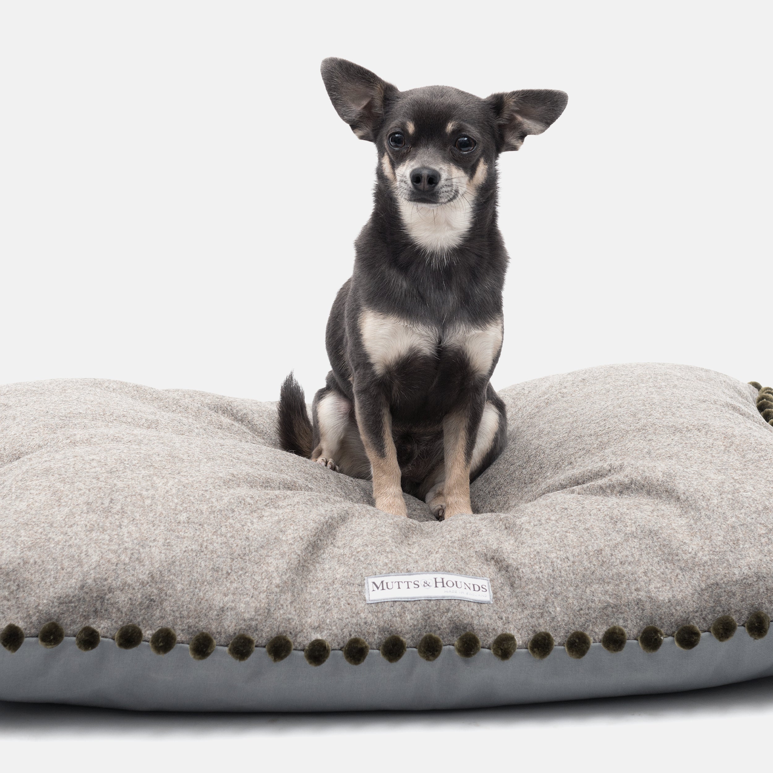 Grey Tweed Pillow Dog Bed With Pom Poms