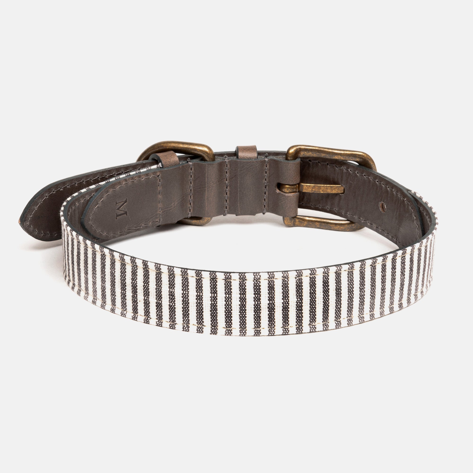 Charcoal Stripe & Leather Dog Collar (Brass, Tiny)