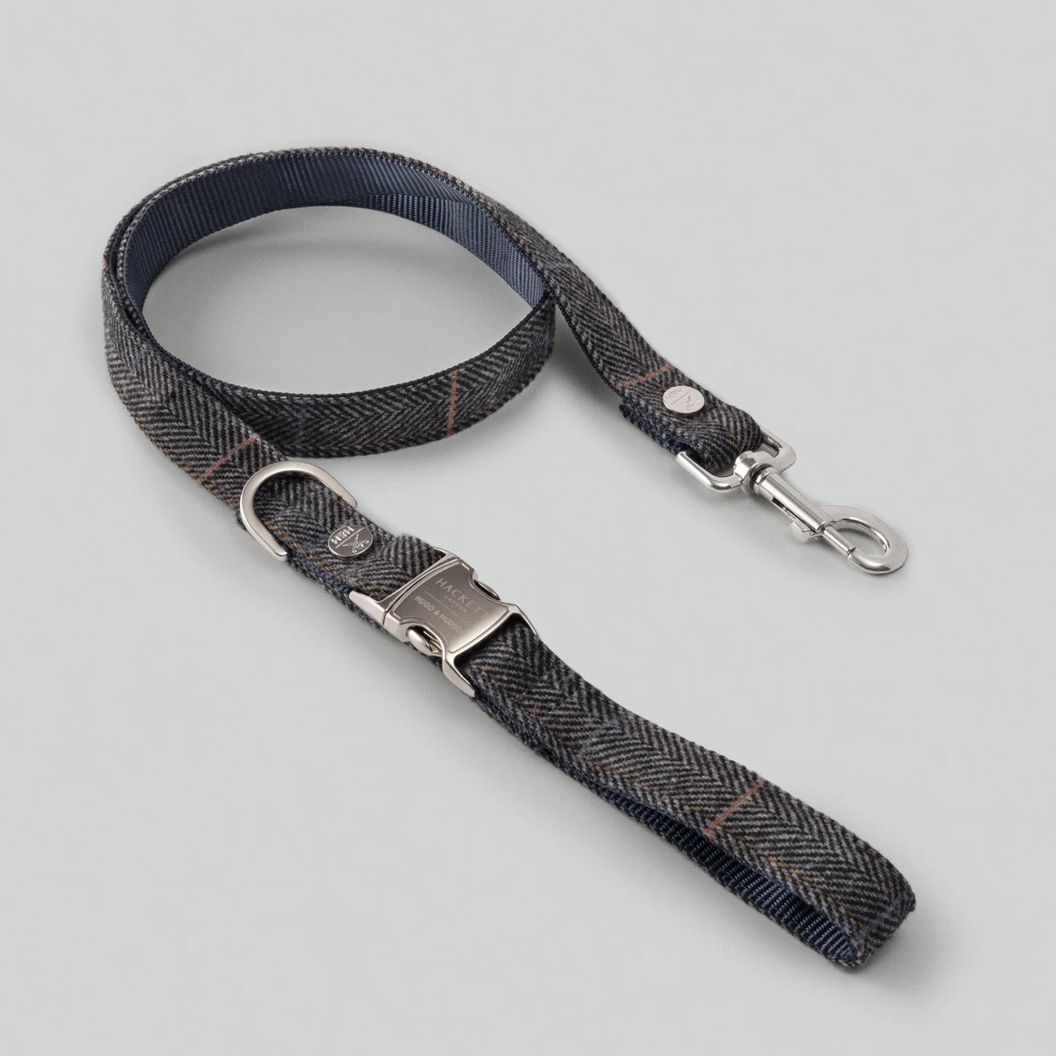 Hugo & Hudson X Hackett Grey Checked Herringbone Tweed Dog Lead