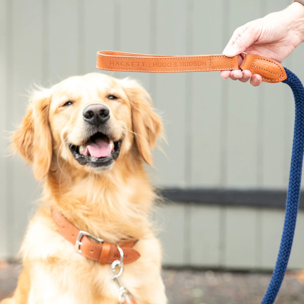 Hugo & Hudson X Hackett Navy Round Rope & Cognac Leather Dog Lead