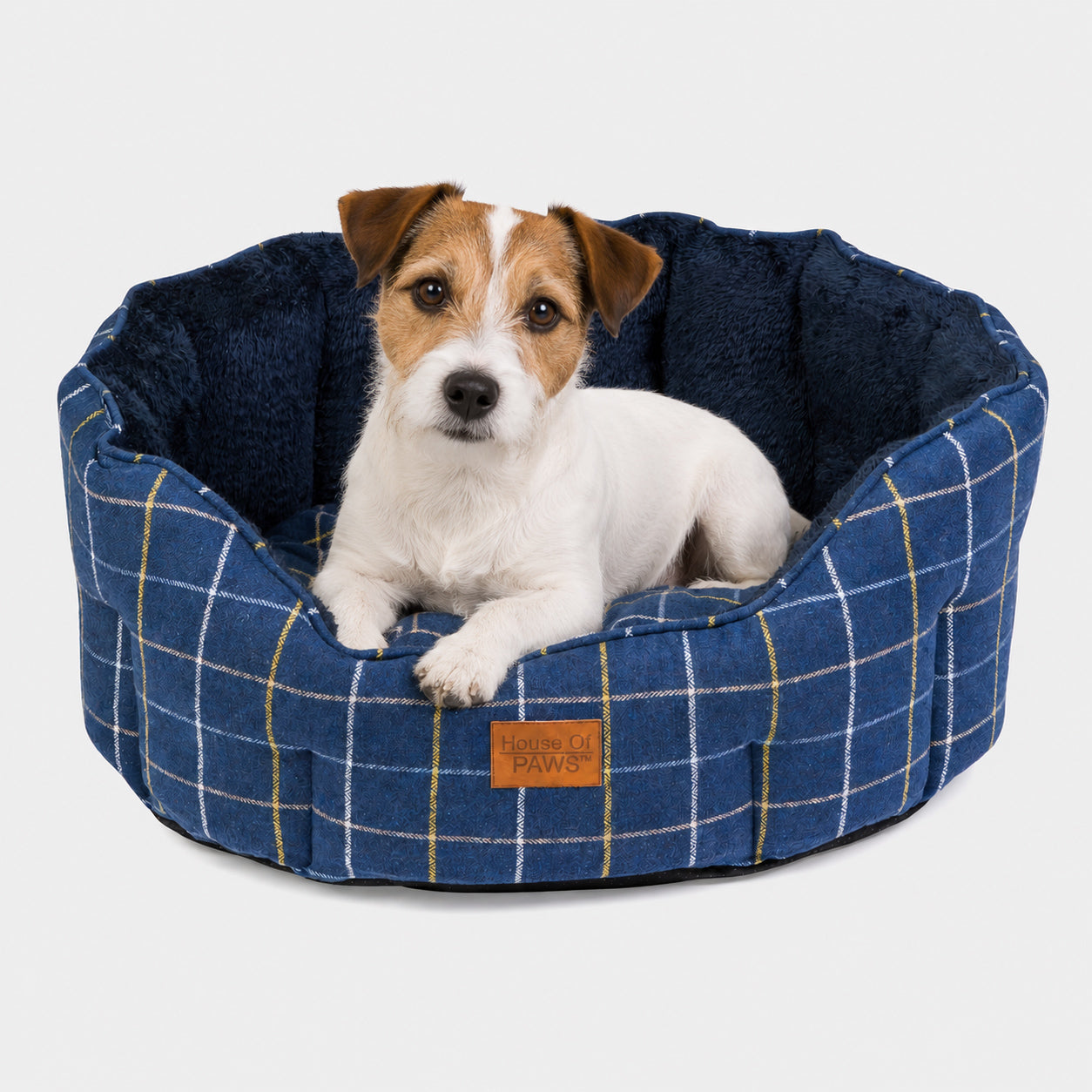 House Of Paws Navy Check Tweed Oval Snuggle Dog Bed