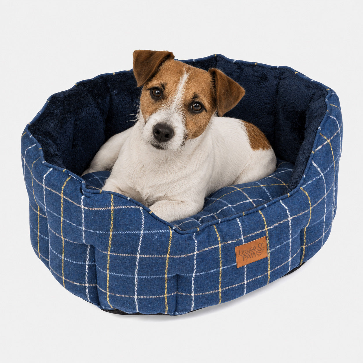 House Of Paws Navy Check Tweed Oval Snuggle Dog Bed