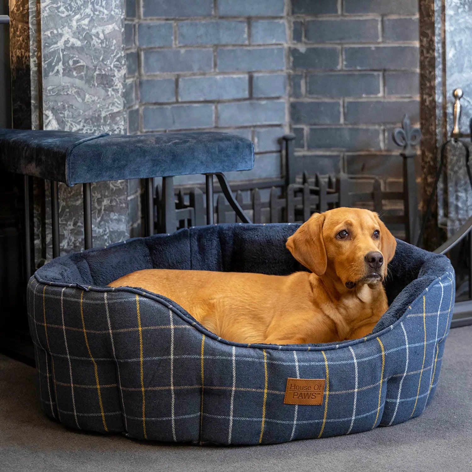 House Of Paws Navy Check Tweed Oval Snuggle Dog Bed