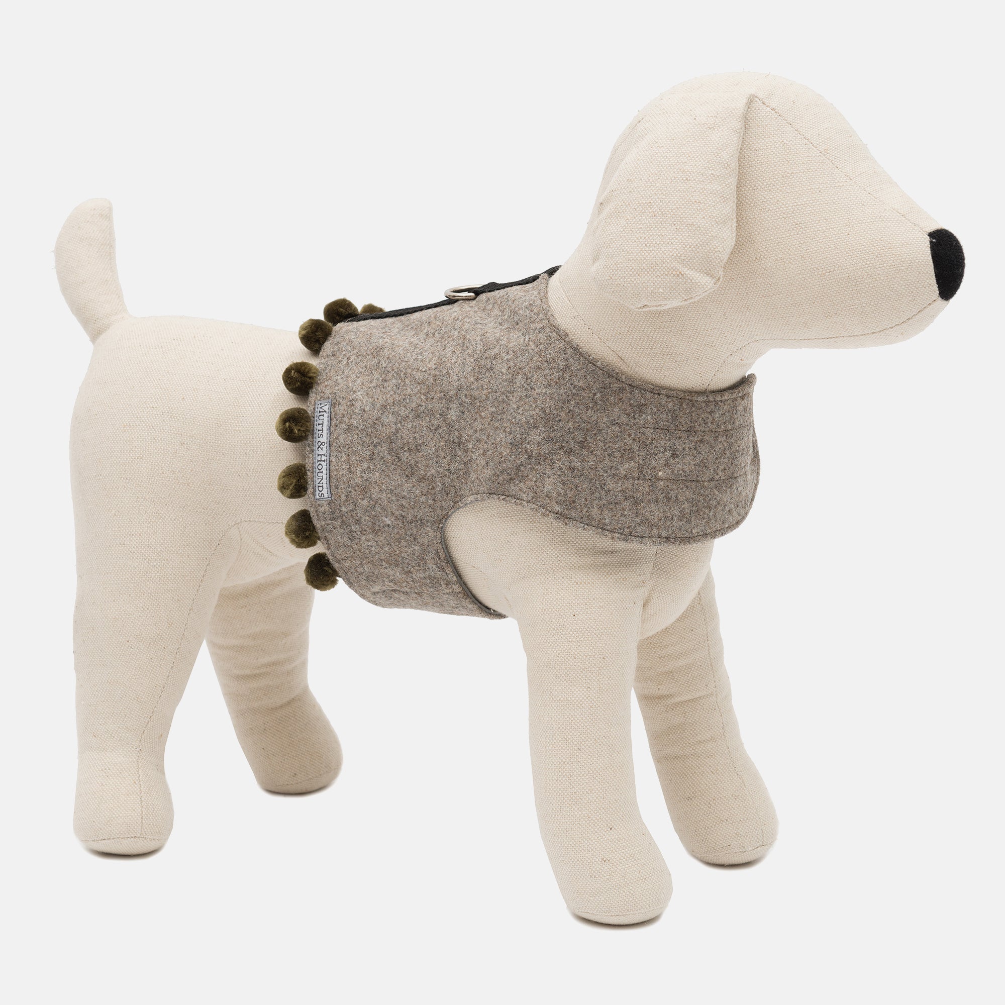 Grey Tweed Soft Dog Harness with Olive Pom Poms