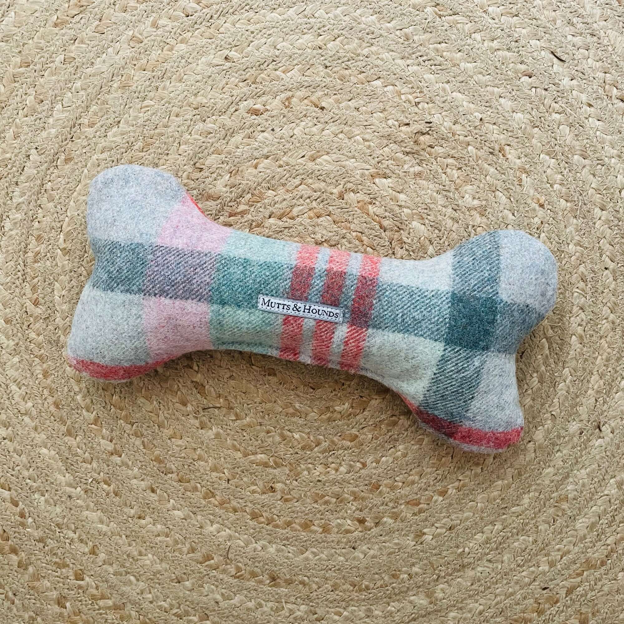 Macaroon Check Tweed Squeaky Bone Dog Toy