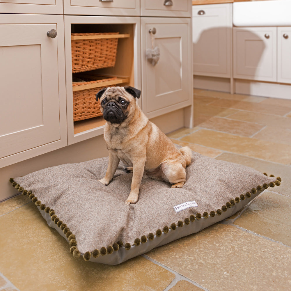 Grey Tweed Pillow Dog Bed With Pom Poms
